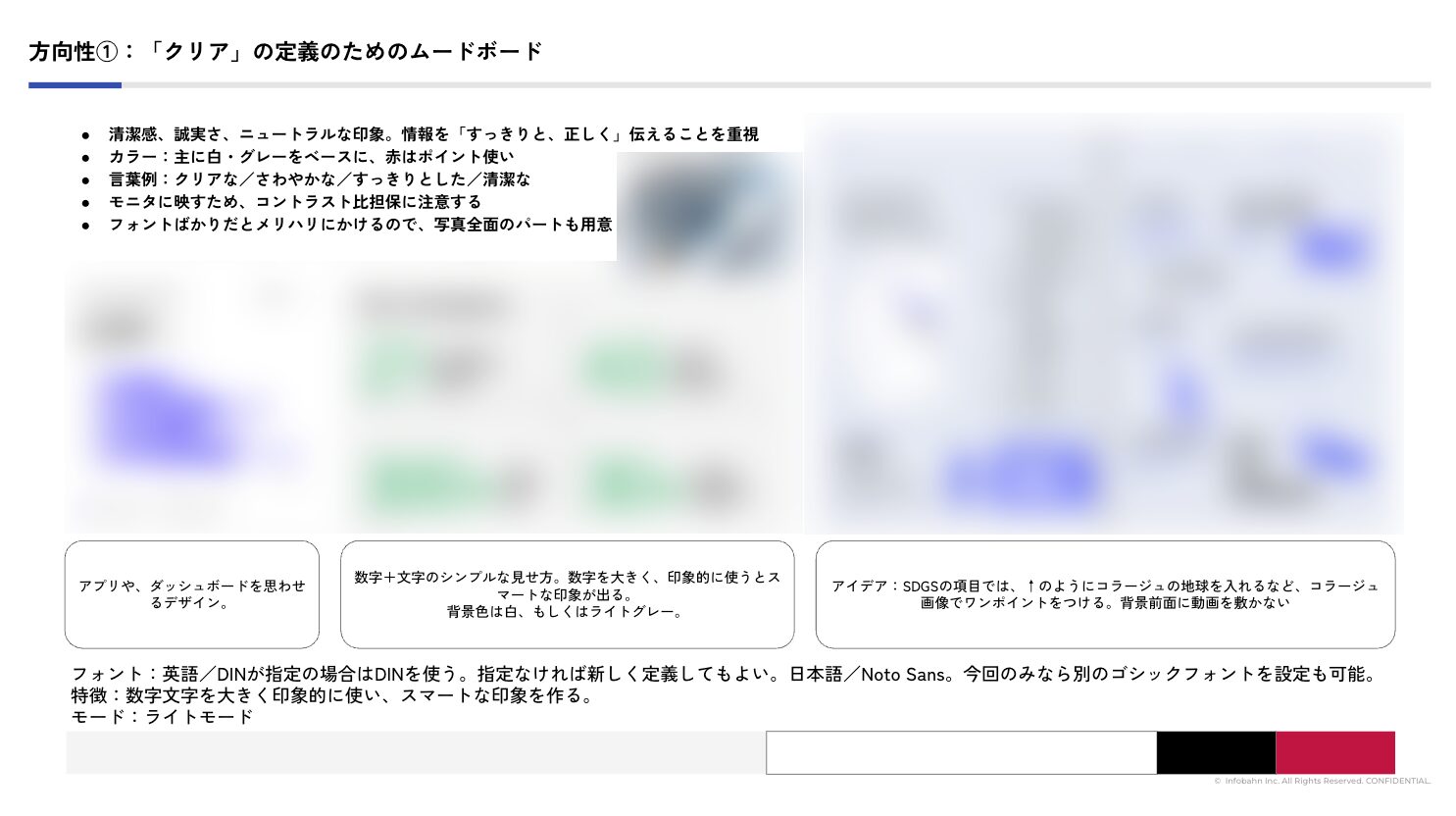デザインコンセプト「クリア」のムaードボード。白・グレー・赤の配色、Noto SansやDINフォントの使用、数値を強調したスマートなレイアウト案などがまとめられている。